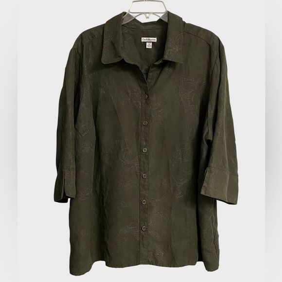 Croft & Barrow Button Up Faux Suede Shirt Jacket Women's Sz 3X Embroidered Green - Picture 1 of 16